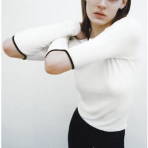 Zara Cold Elbow Cutout Ribbed Sweater Crewneck‎ White Black Trim Women's Small